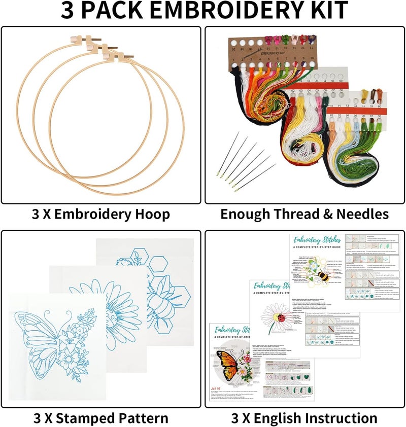 Nuberlic 3 Pack Funny Embroidery Kits for Adults Beginner, Stamped Cross Stitch Kit for Crafts Starters with Cute Bees Butterfly Patterns Include Hoop Cloth Thread Needles Instructions - Image 2